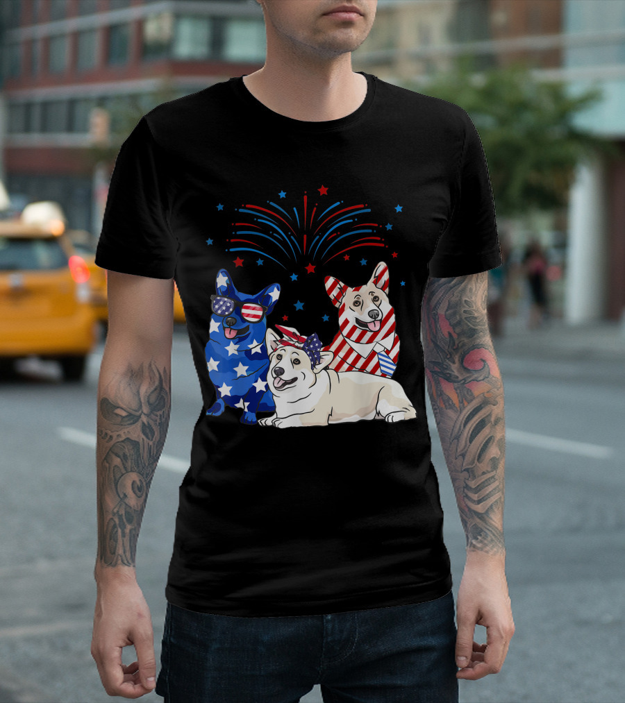 American Flag 4th of July Corgi Celebration with Fireworks and Stars T-Shirt