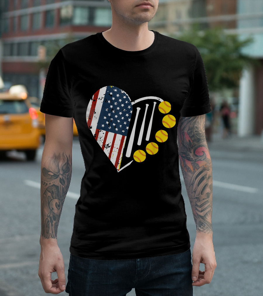 Softball Heart with American Flag and Softballs for 4th of July T-Shirt