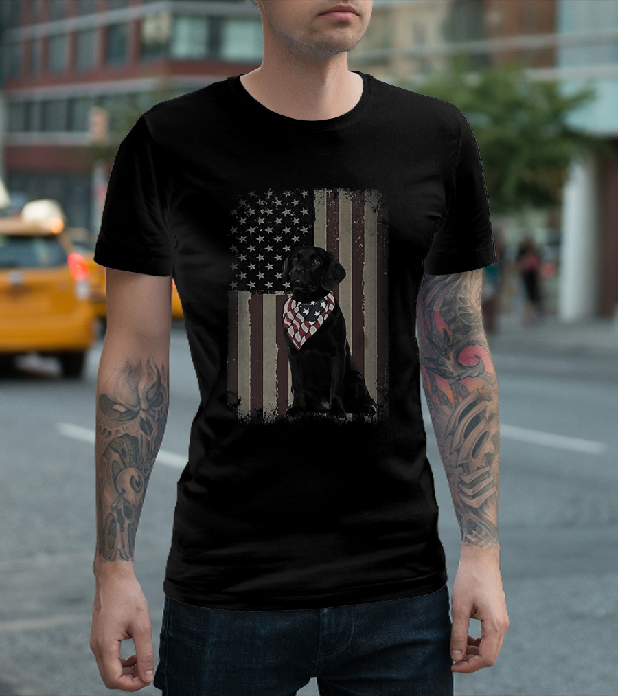 4Th Of July Black Labrador with American Flag Bandana T-Shirt