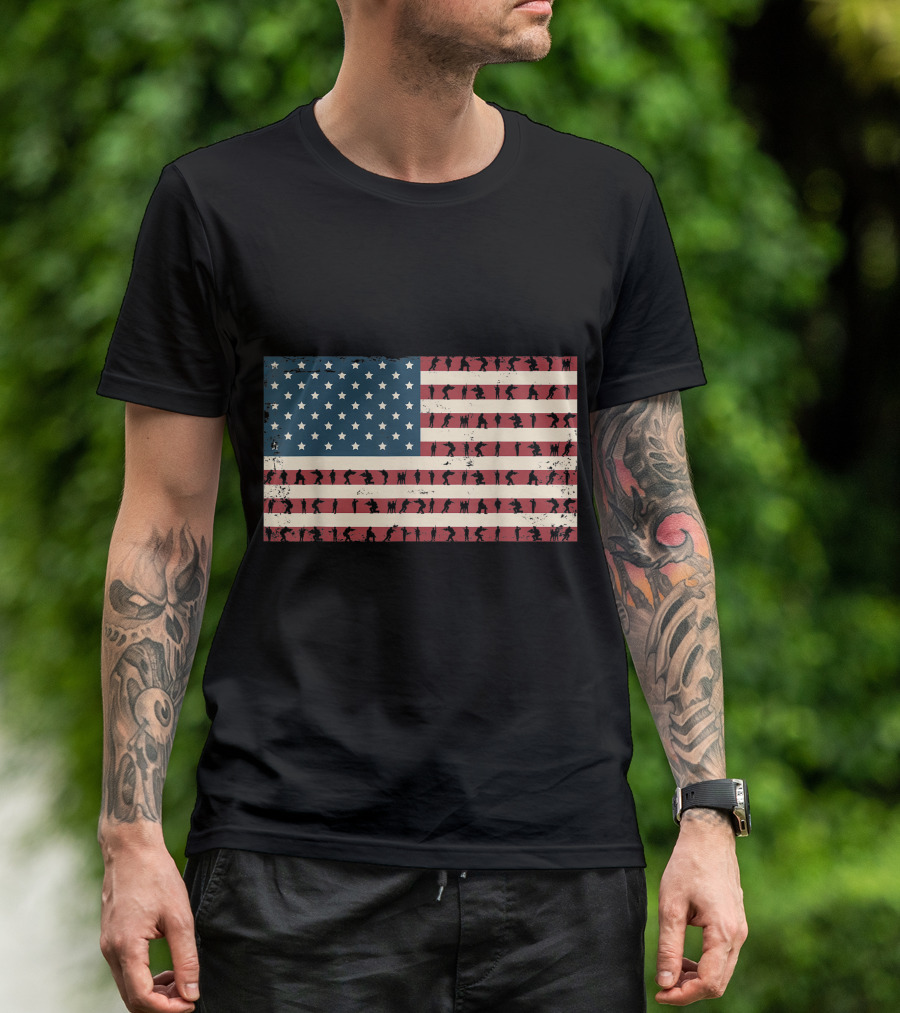 Vintage Distressed American Flag Veterans Silhouette 4th Of July T-Shirt