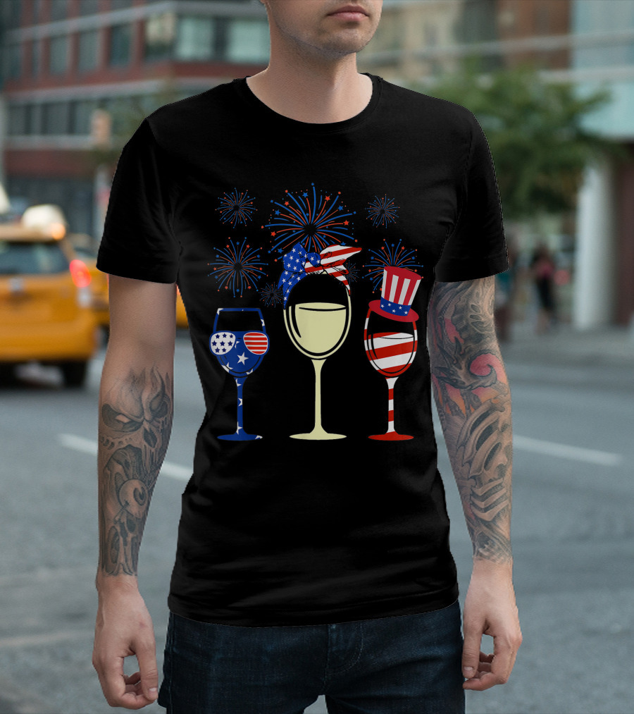 American Flag Wine Glasses Firework Celebration 4th of July T-Shirt