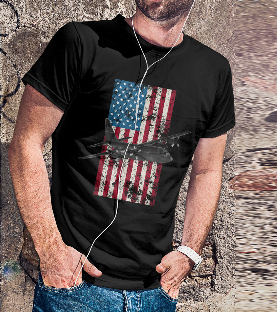 C 130 Hercules Vintage American Flag Military Aircraft USA Patriotic T-Shirt