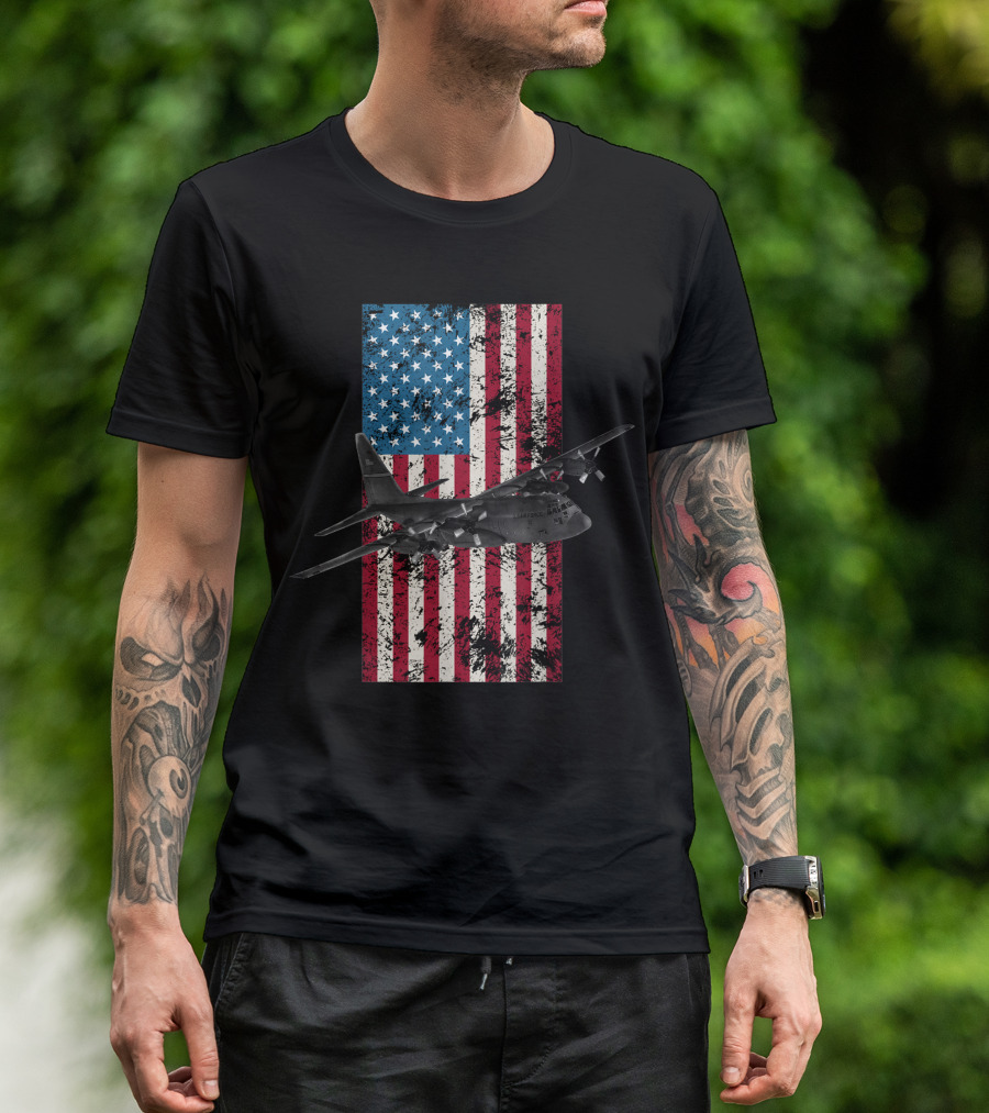 C 130 Hercules Vintage American Flag Military Aircraft USA Patriotic T-Shirt