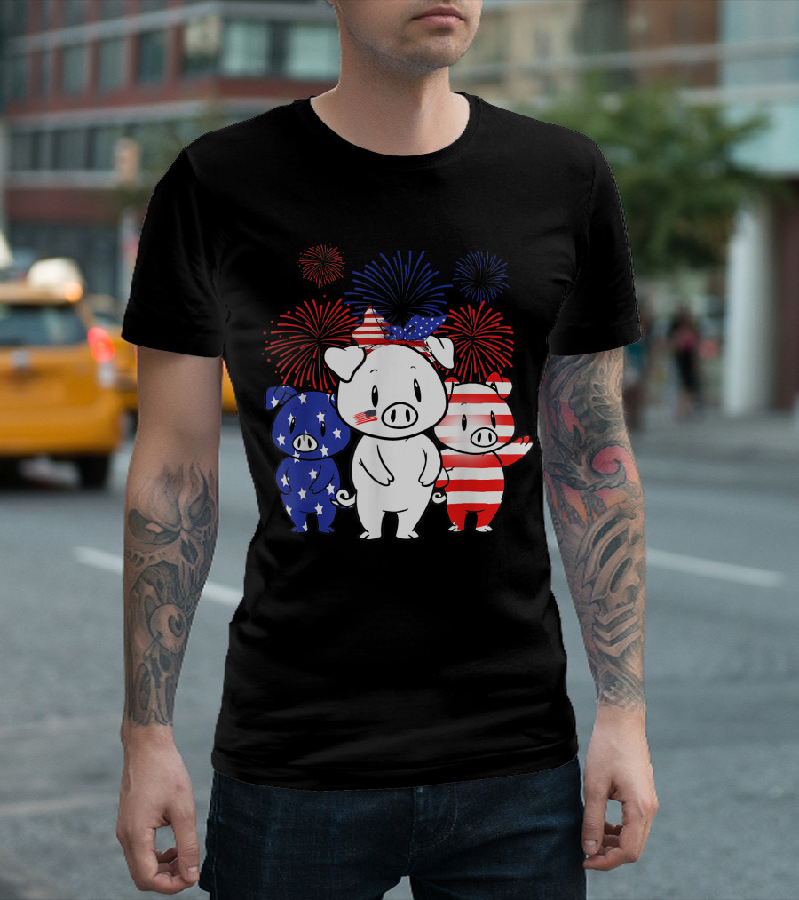 Fireworks American Flag Pigs 4th of July T-Shirt