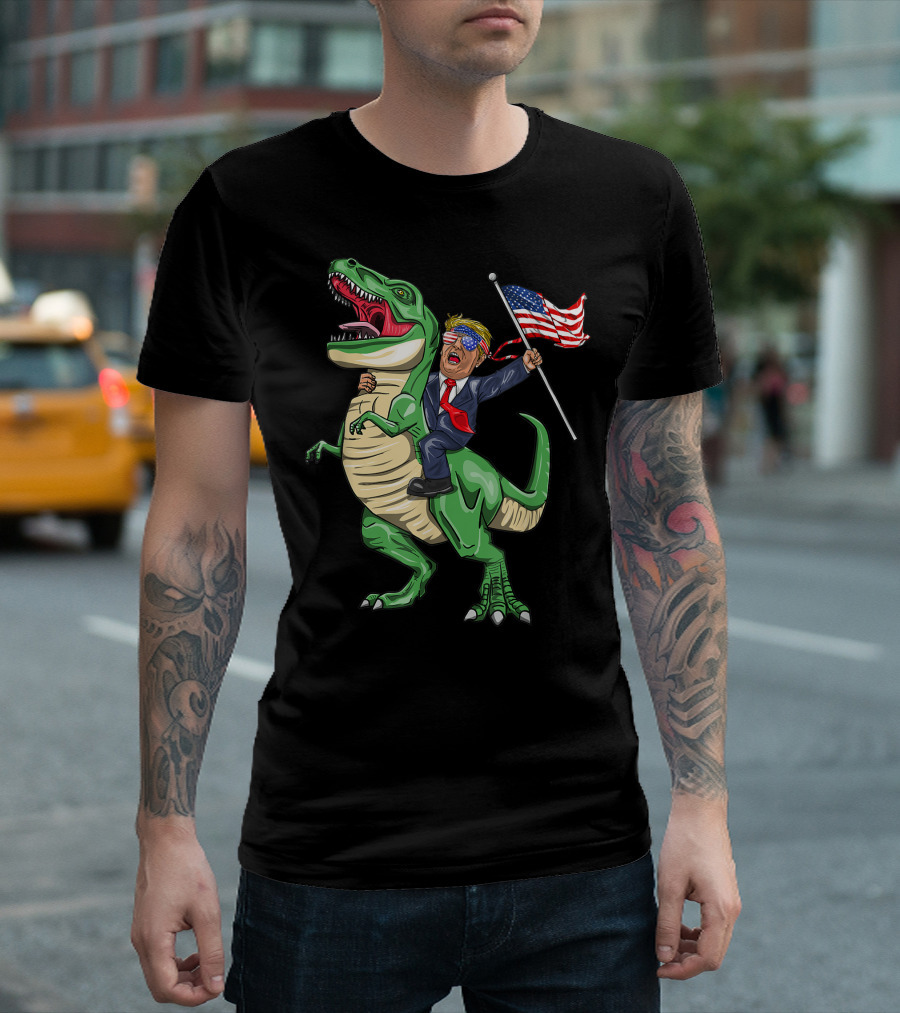 T Rex Dinosaur with Trump and American Flag for Patriotic Display T-Shirt