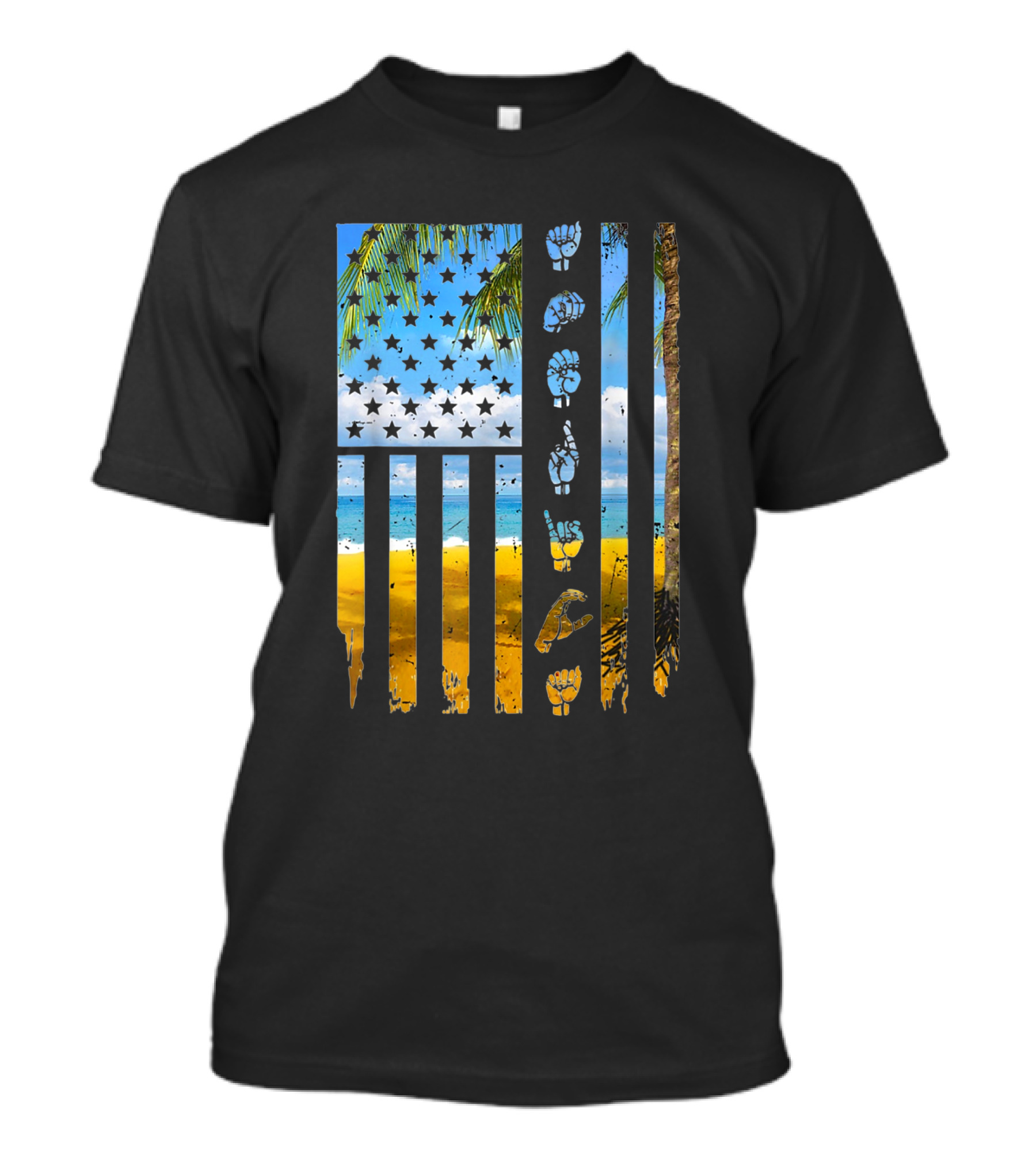 ASL American Flag Tropical Beach Independence Day USA Flag Lover T-Shirt