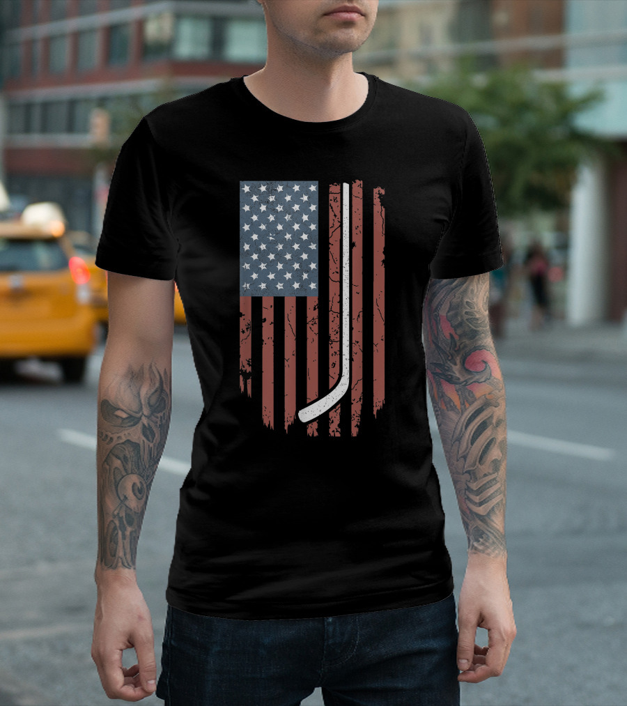 Vintage American Flag Hockey Stick 4th July USA T-Shirt