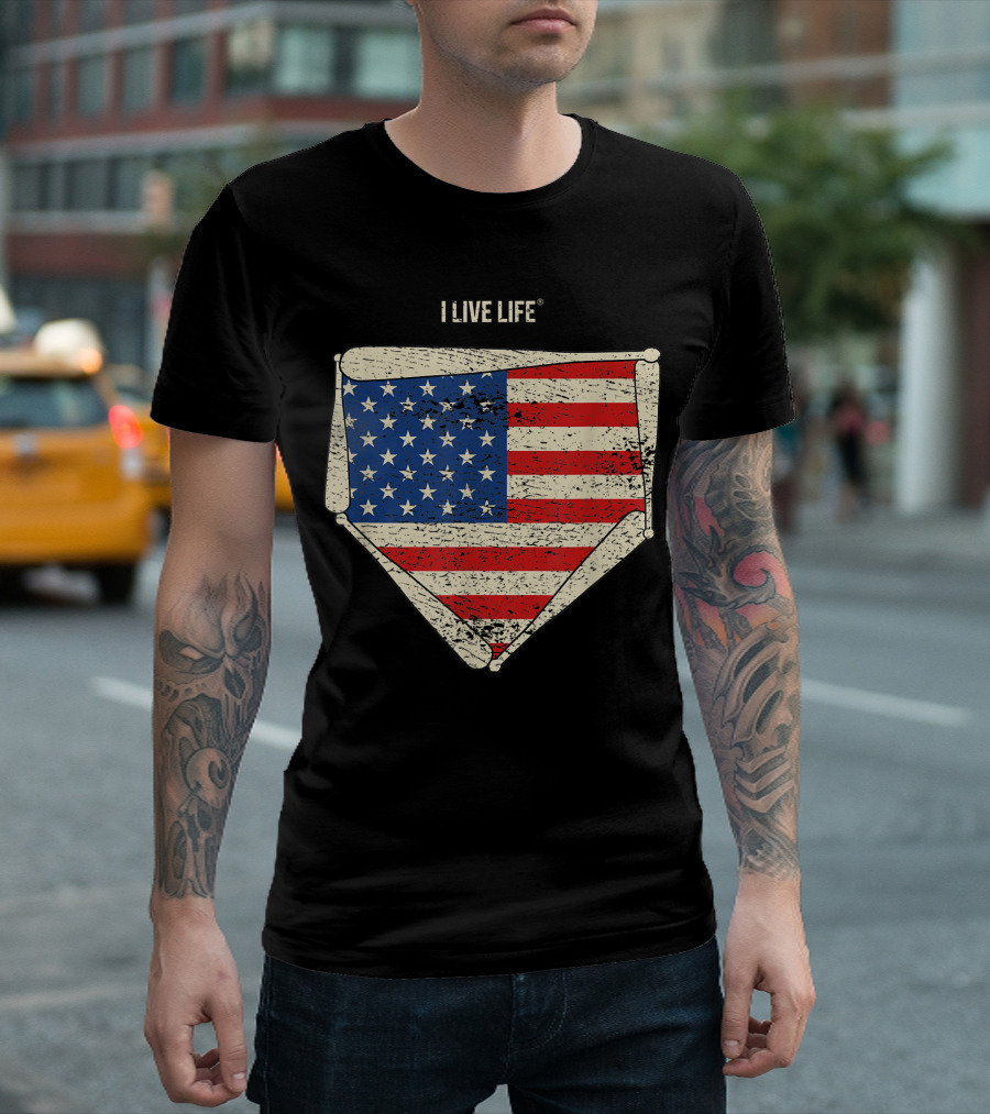 Vintage American Baseball USA Flag Home Plate I Live Life T-Shirt