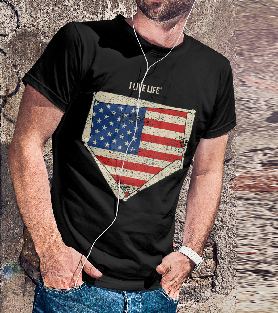 Vintage American Baseball USA Flag Home Plate I Live Life T-Shirt