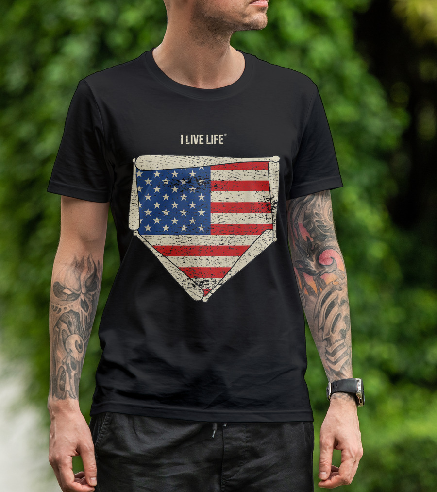 Vintage American Baseball USA Flag Home Plate I Live Life T-Shirt