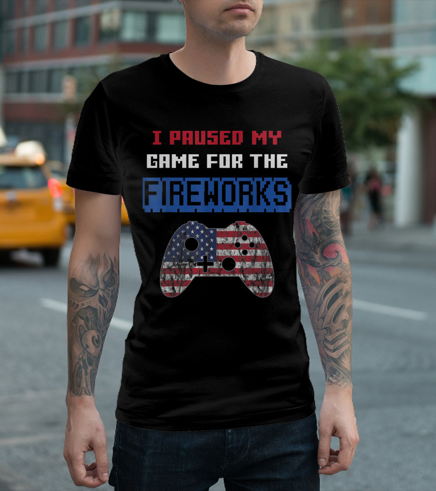 I Paused My Game For The Fireworks Vintage Gamer American Flag Controller 4th Of July T-Shirt