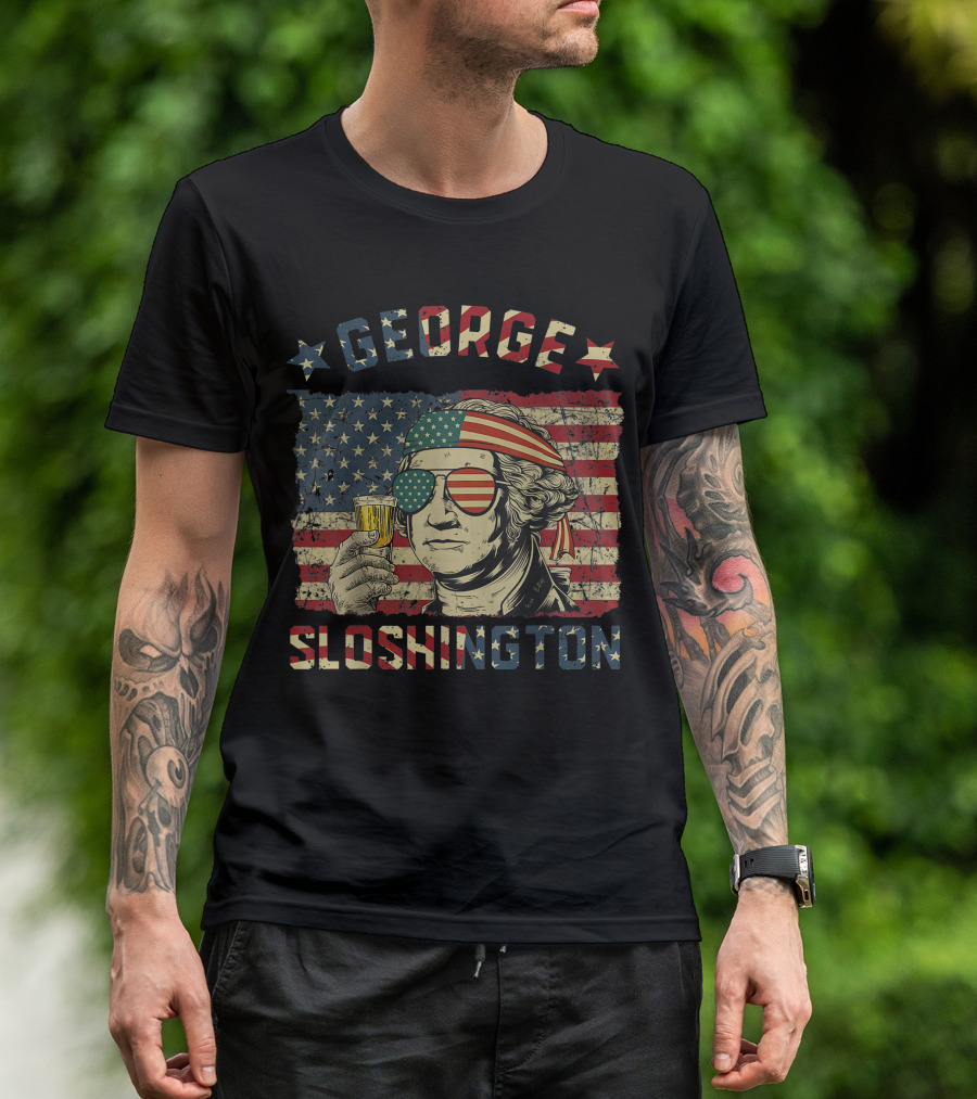 George Sloshington 4th Of July American Flag Aviator Glasses T-Shirt