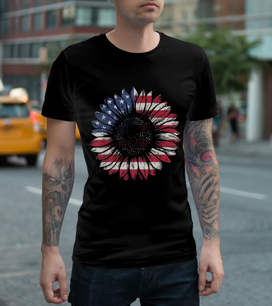 American Flag Sunflower Patriotic 4th of July Lover T-Shirt