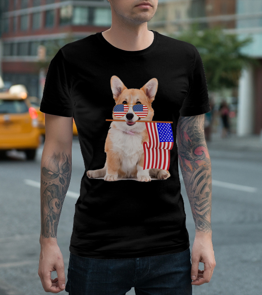 American Flag USA 4th of July Corgi with Sunglasses T-Shirt