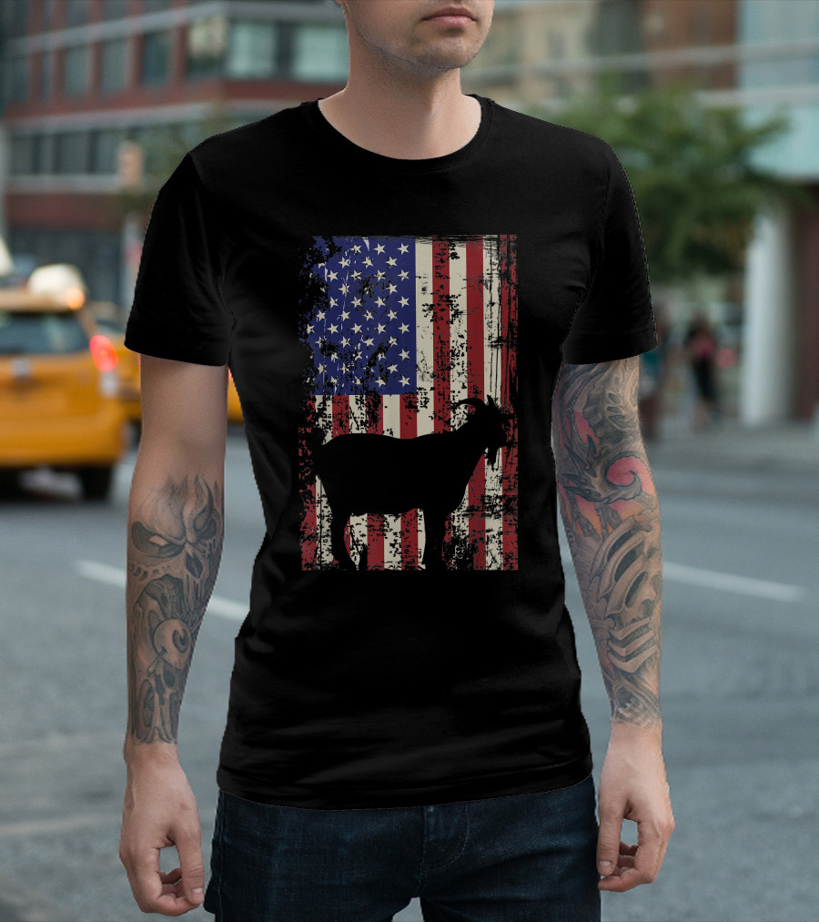 Patriotic Goat Silhouette On Distressed American Flag For 4th Of July T-Shirt