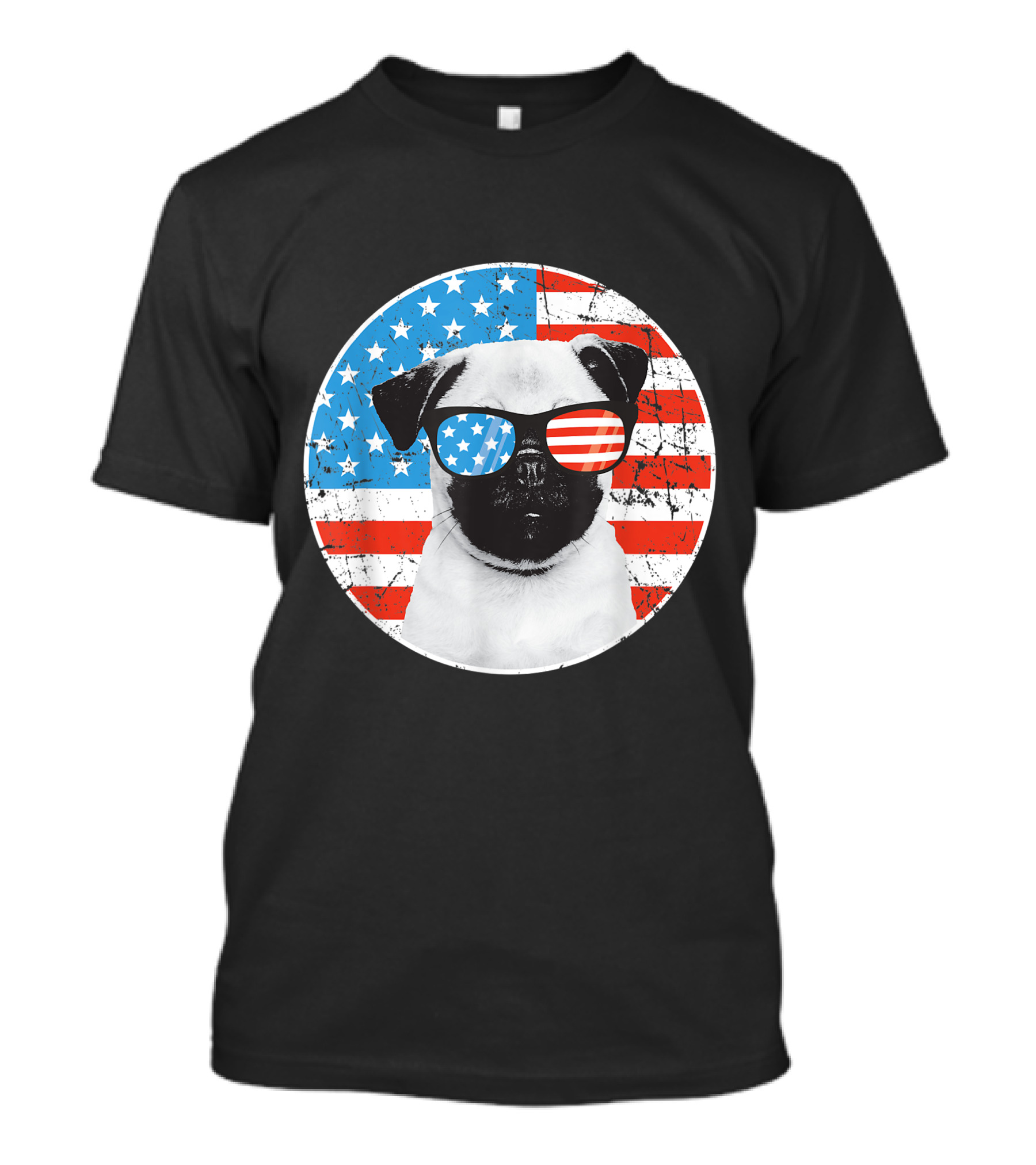 Fourth Of July Pug Wearing American Flag Sunglasses With Stars And Stripes Background T-Shirt