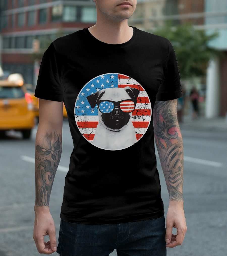 Fourth Of July Pug Wearing American Flag Sunglasses With Stars And Stripes Background T-Shirt