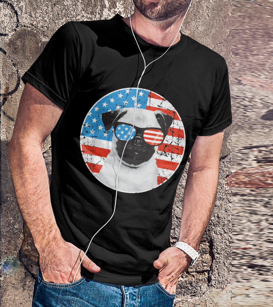 Fourth Of July Pug Wearing American Flag Sunglasses With Stars And Stripes Background T-Shirt