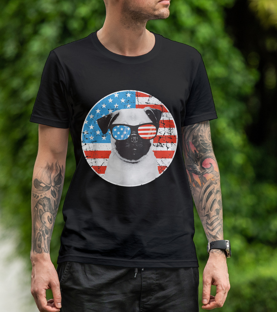 Fourth Of July Pug Wearing American Flag Sunglasses With Stars And Stripes Background T-Shirt