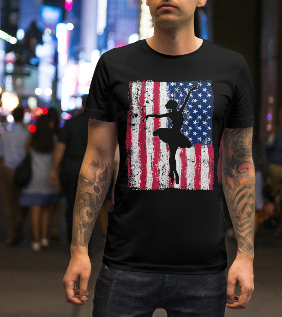Ballet Dancer Silhouette With American Flag Patriotic 4th Of July T-Shirt