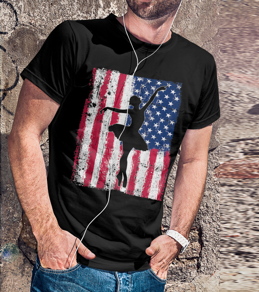 Ballet Dancer Silhouette With American Flag Patriotic 4th Of July T-Shirt