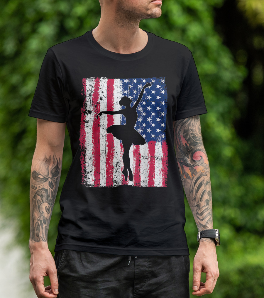 Ballet Dancer Silhouette With American Flag Patriotic 4th Of July T-Shirt