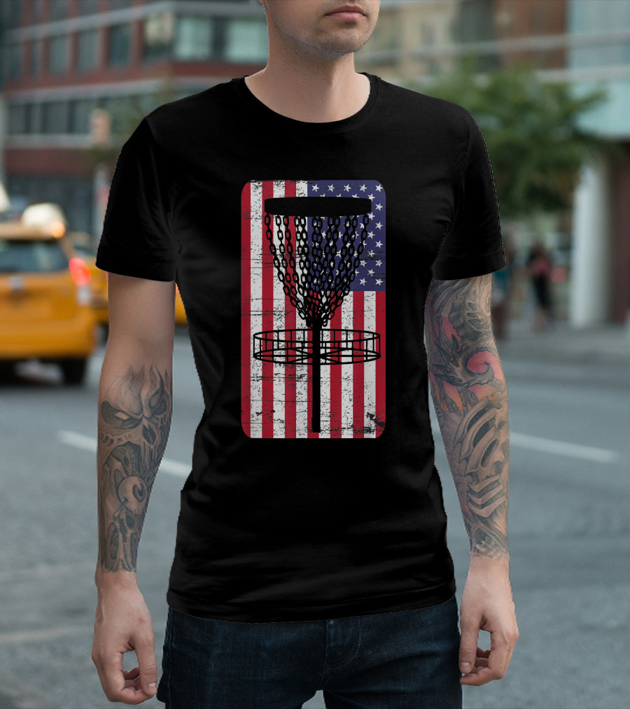 Retro American Flag Disc Golf Basket Player Patriotic T-Shirt