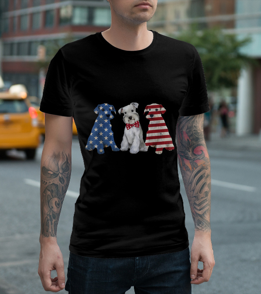 Schnauzer Dog Trio With American Flag Stars And Stripes 4th Of July Patriot T-Shirt