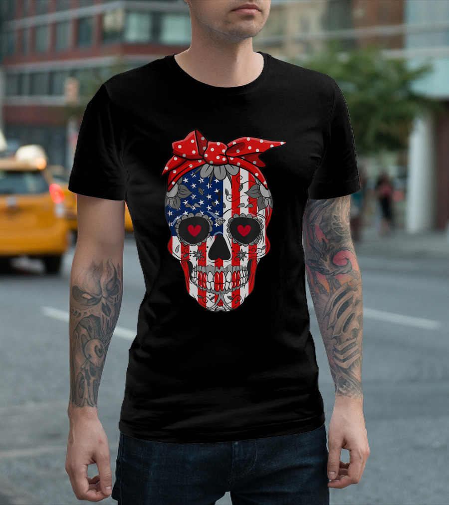 Sugar Skull American Flag Red Bow 4th of July Independence T-Shirt