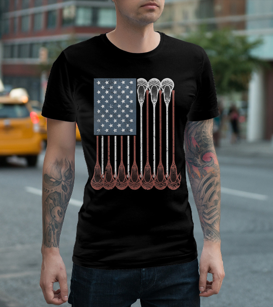 Vintage American Flag Lacrosse Sticks Youth Boys Men USA T-Shirt