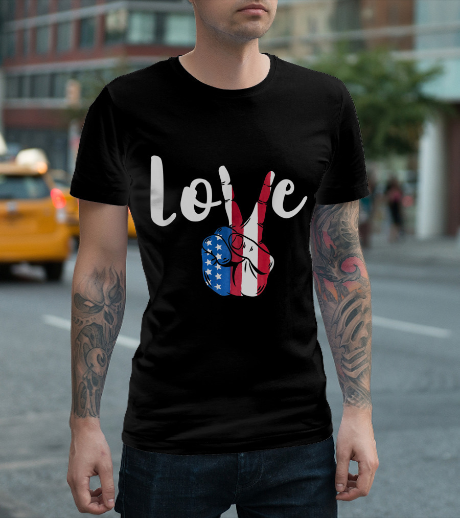 Love Peace Sign American Flag Patriotic 4th Of July T-Shirt
