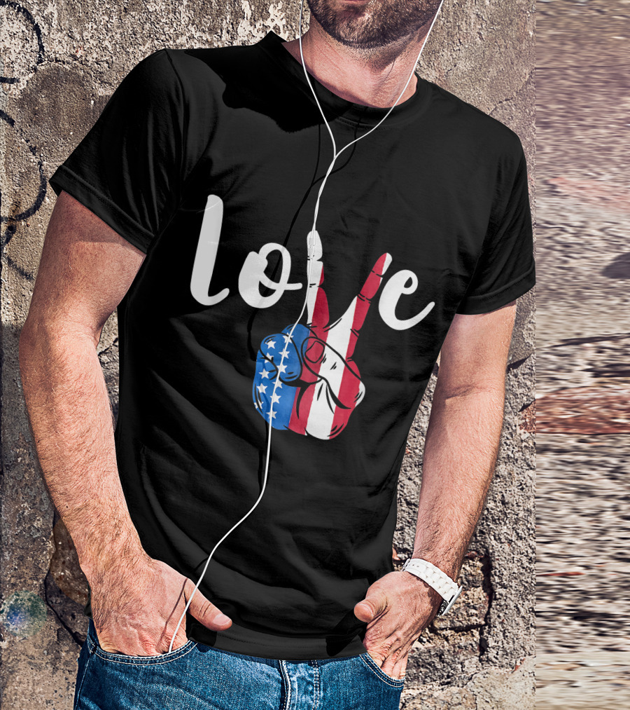 Love Peace Sign American Flag Patriotic 4th Of July T-Shirt