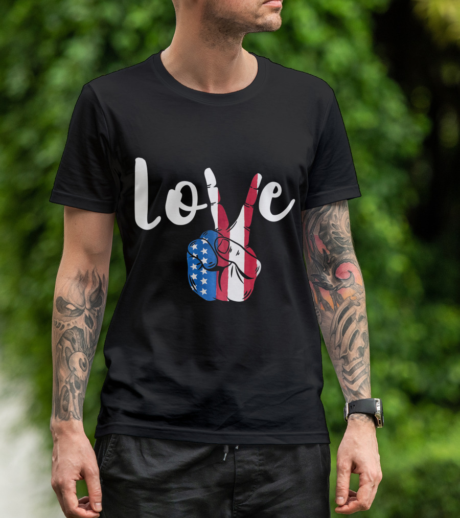 Love Peace Sign American Flag Patriotic 4th Of July T-Shirt