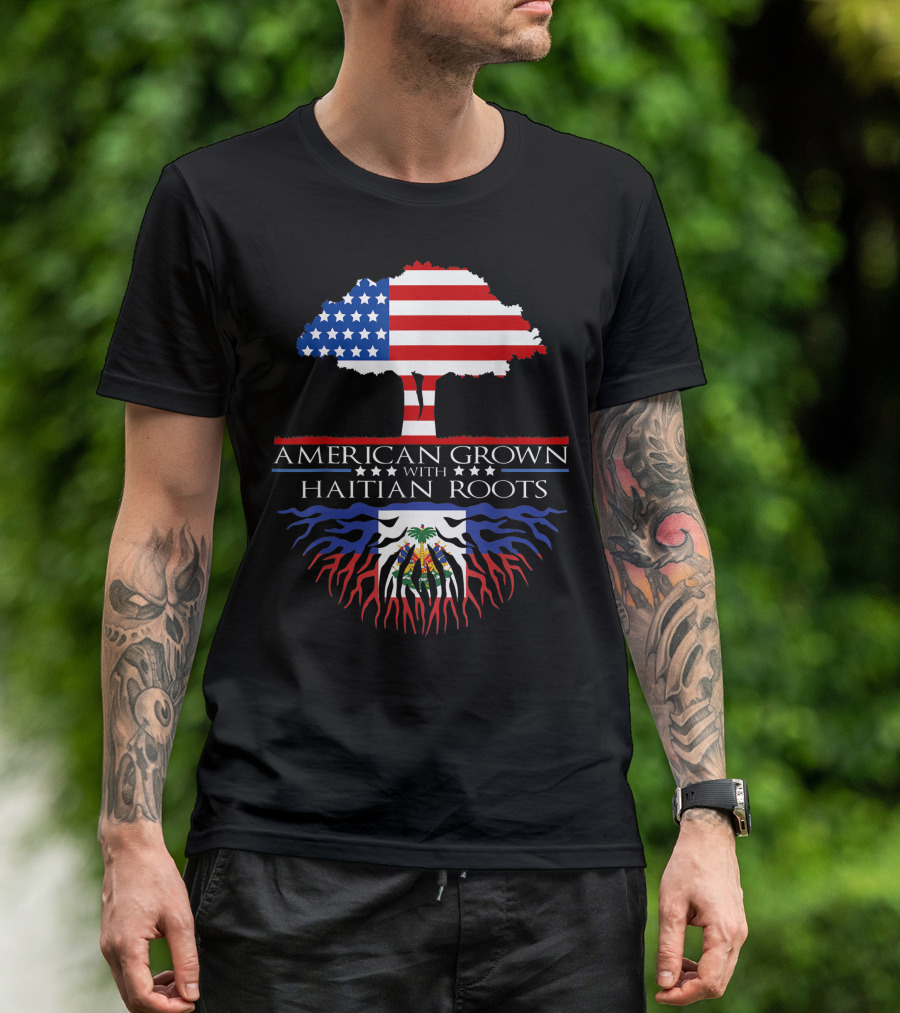 American Grown With Haitian Roots Tree Flag USA Haiti T-Shirt