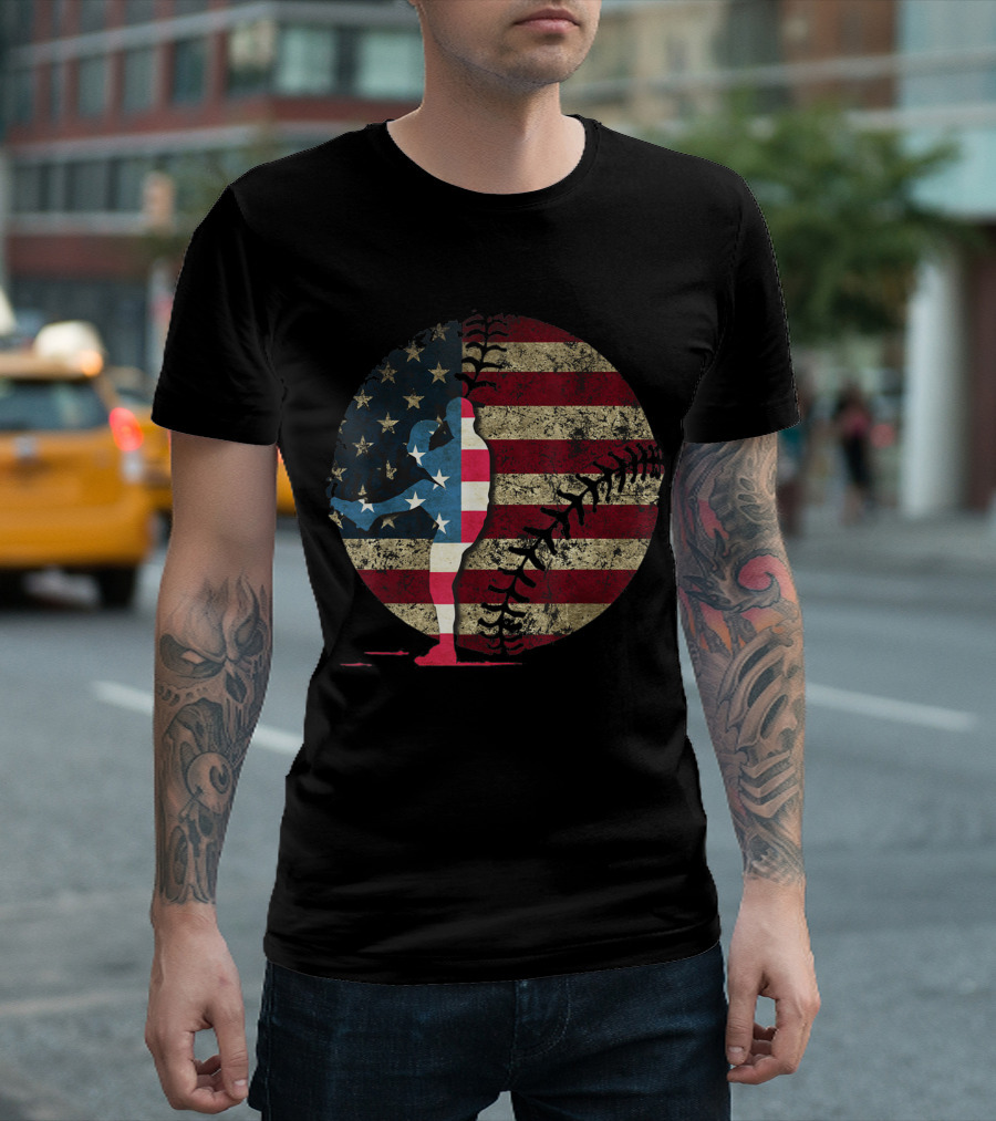 American Flag Baseball Player Silhouette Patriotic T-Shirt