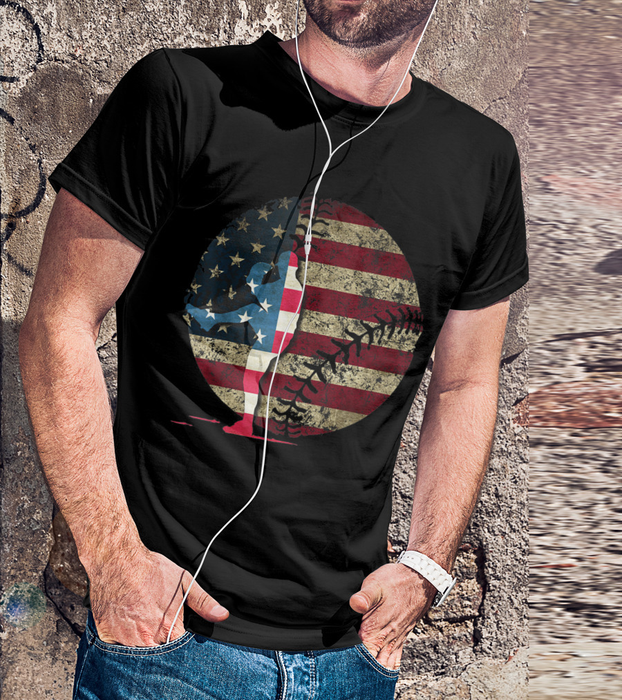 American Flag Baseball Player Silhouette Patriotic T-Shirt