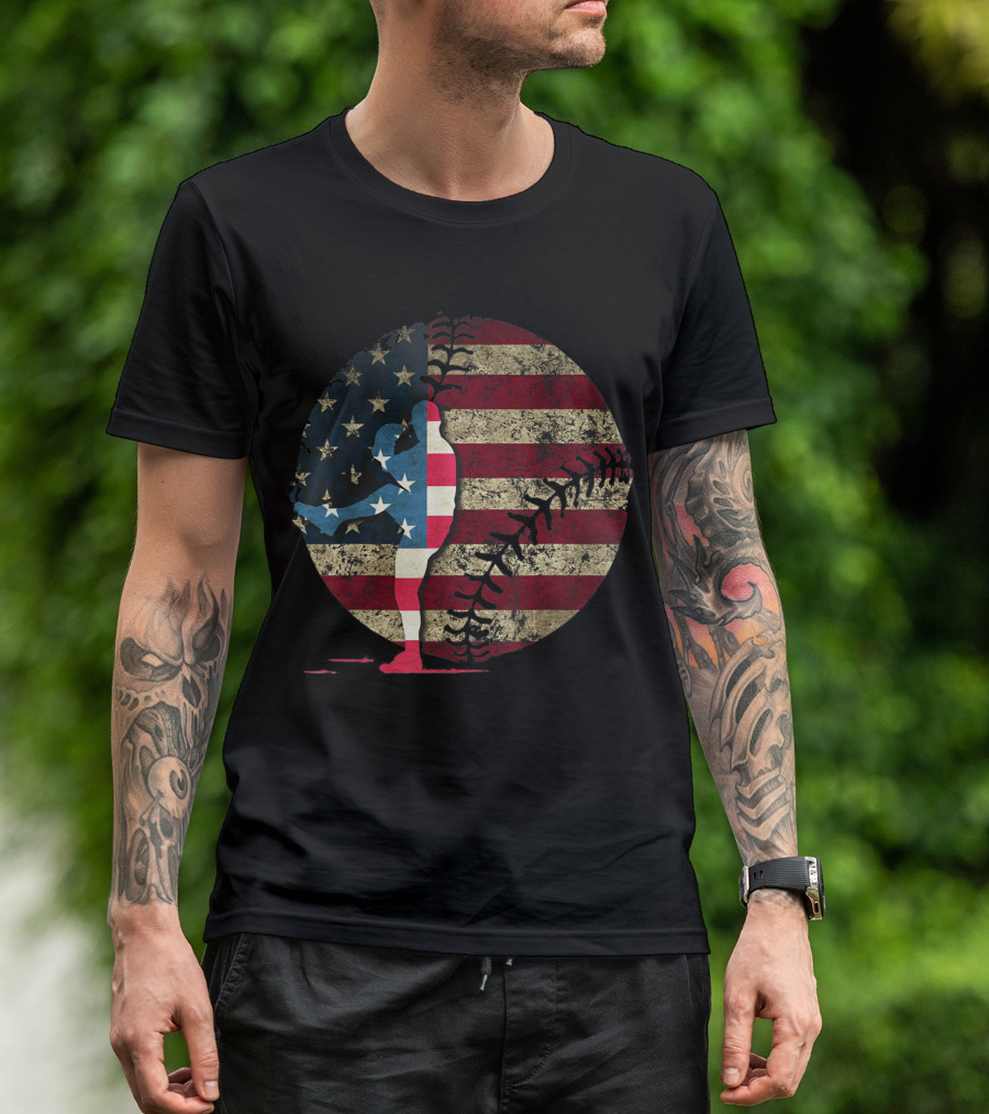 American Flag Baseball Player Silhouette Patriotic T-Shirt