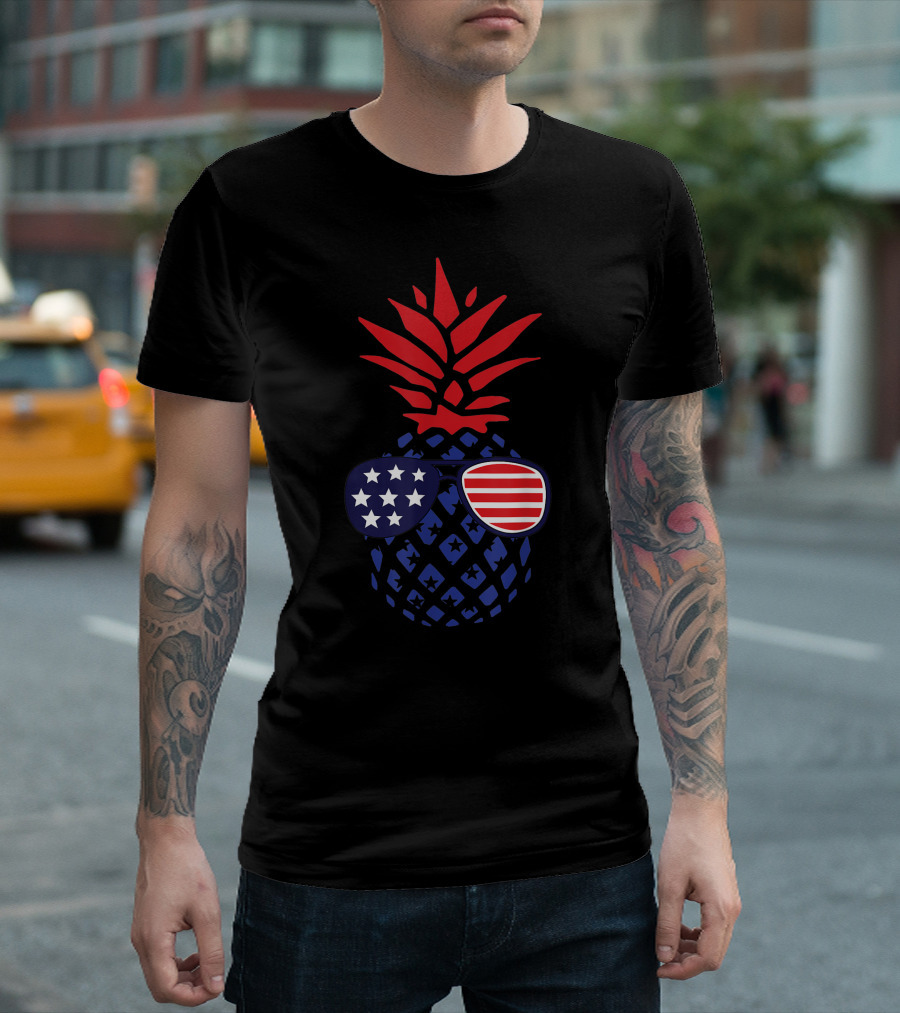 Hawaiian Pineapple with American Flag Sunglasses for 4th of July T-Shirt