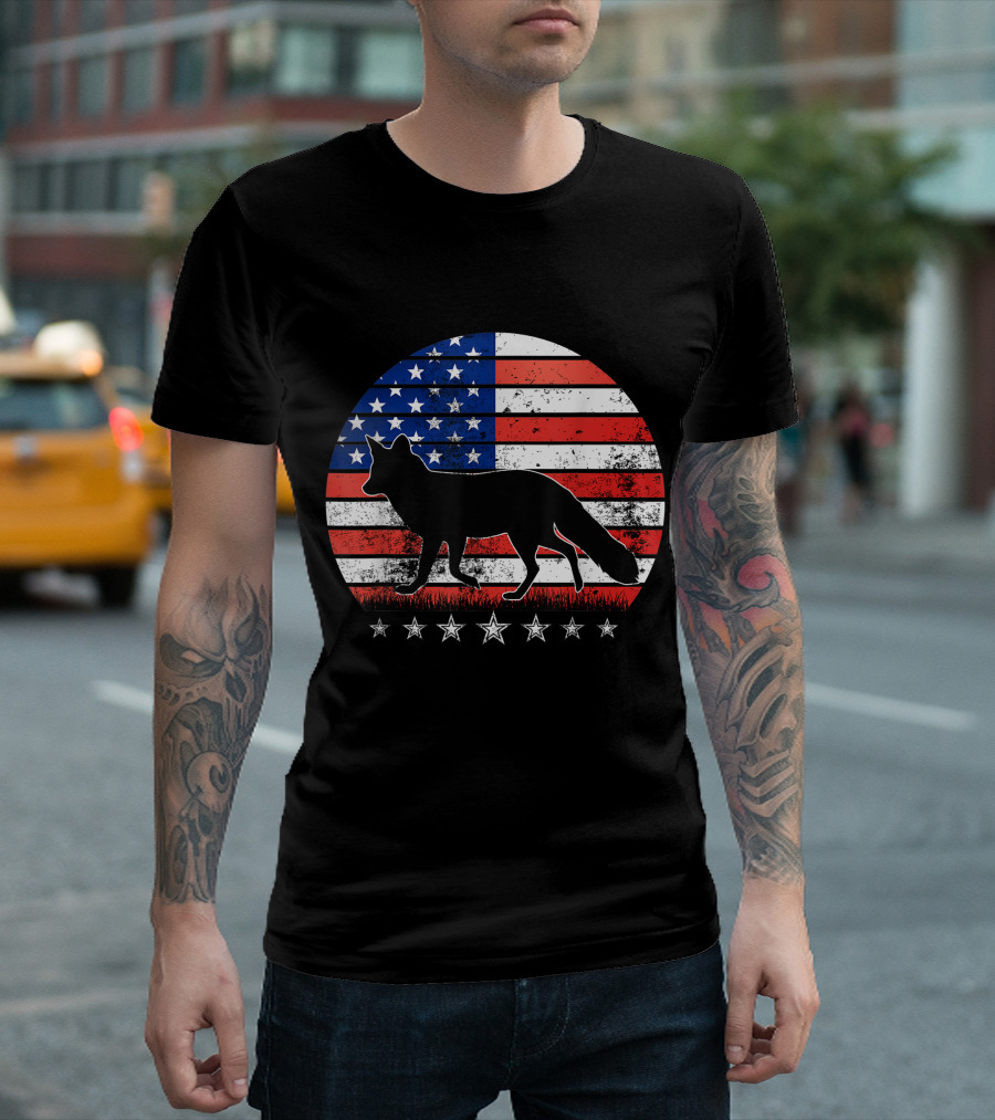 Fox Silhouette Over Distressed American Flag Stars and Stripes Vintage 4th of July Independence Day T-Shirt