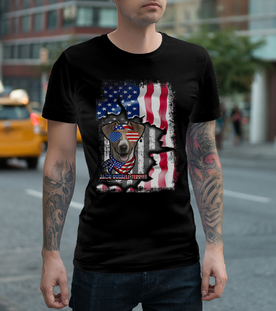 Jack Russell Terrier American Flag Fun with Sunglasses and Bandana T-Shirt