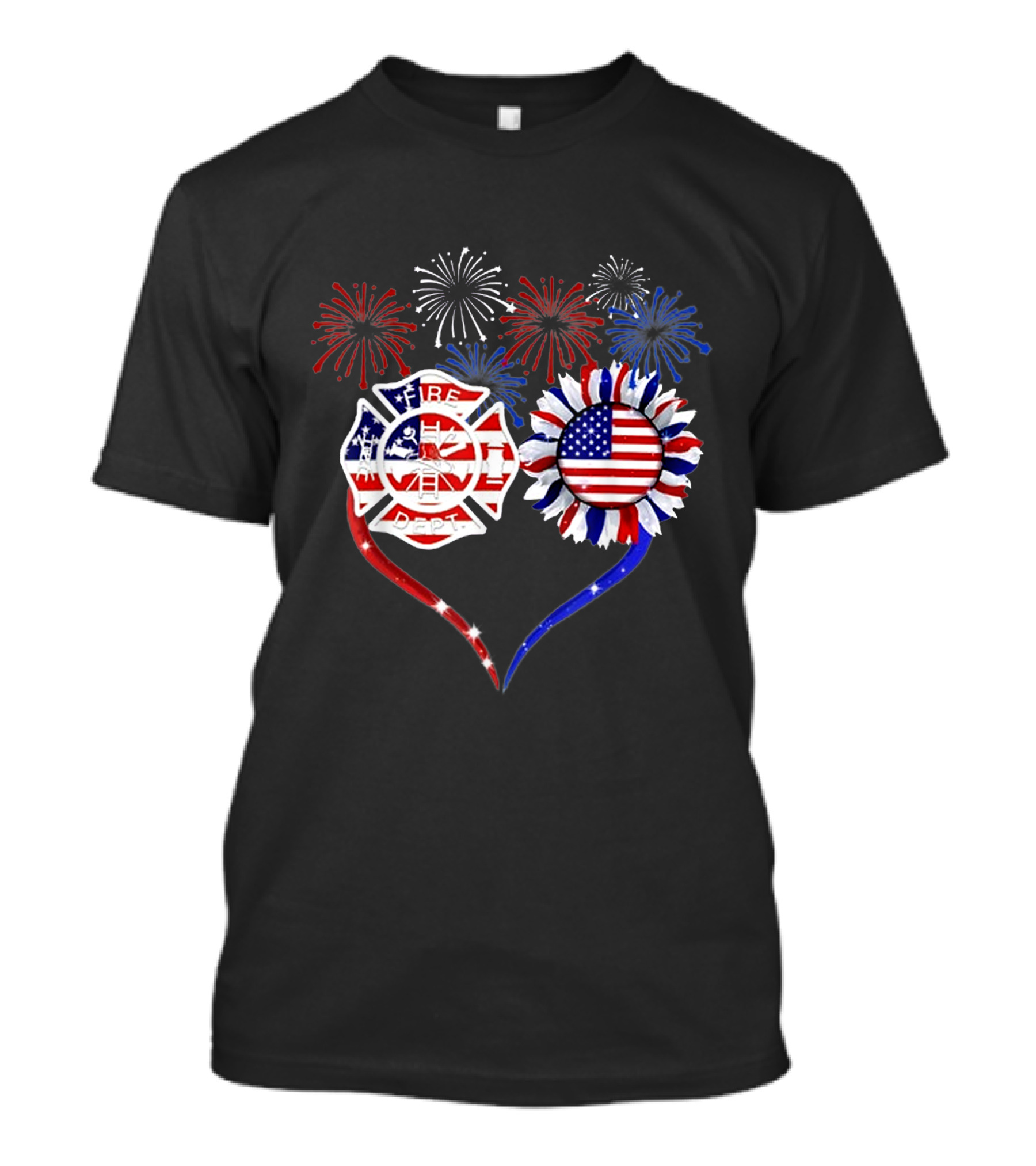 Firefighter Love Heart Sunflower 4th Of July American Flag Fireworks T-Shirt