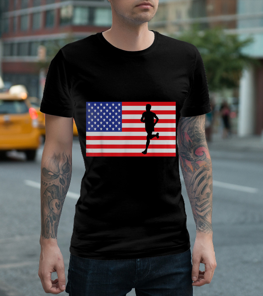 Marathon Runner USA American Flag Race Running Fourth Of July T-Shirt