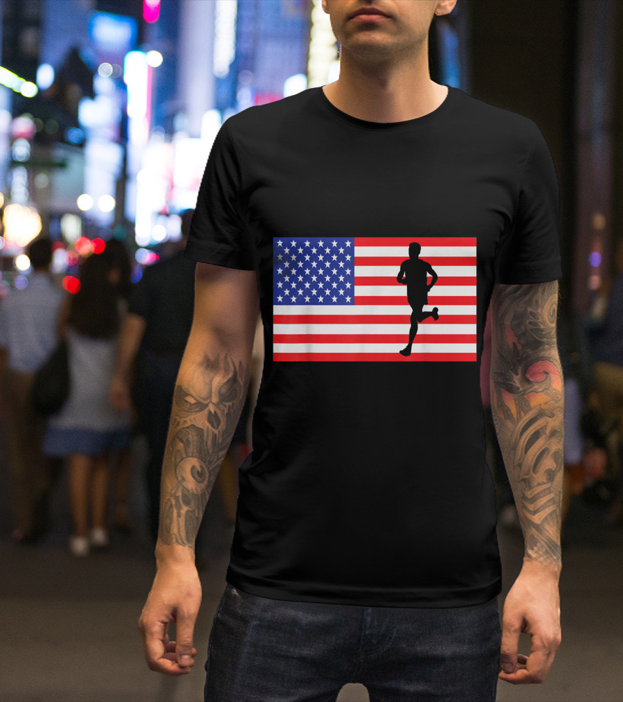 Marathon Runner USA American Flag Race Running Fourth Of July T-Shirt
