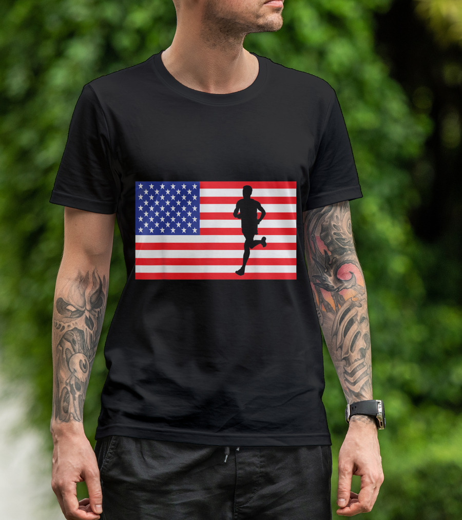 Marathon Runner USA American Flag Race Running Fourth Of July T-Shirt