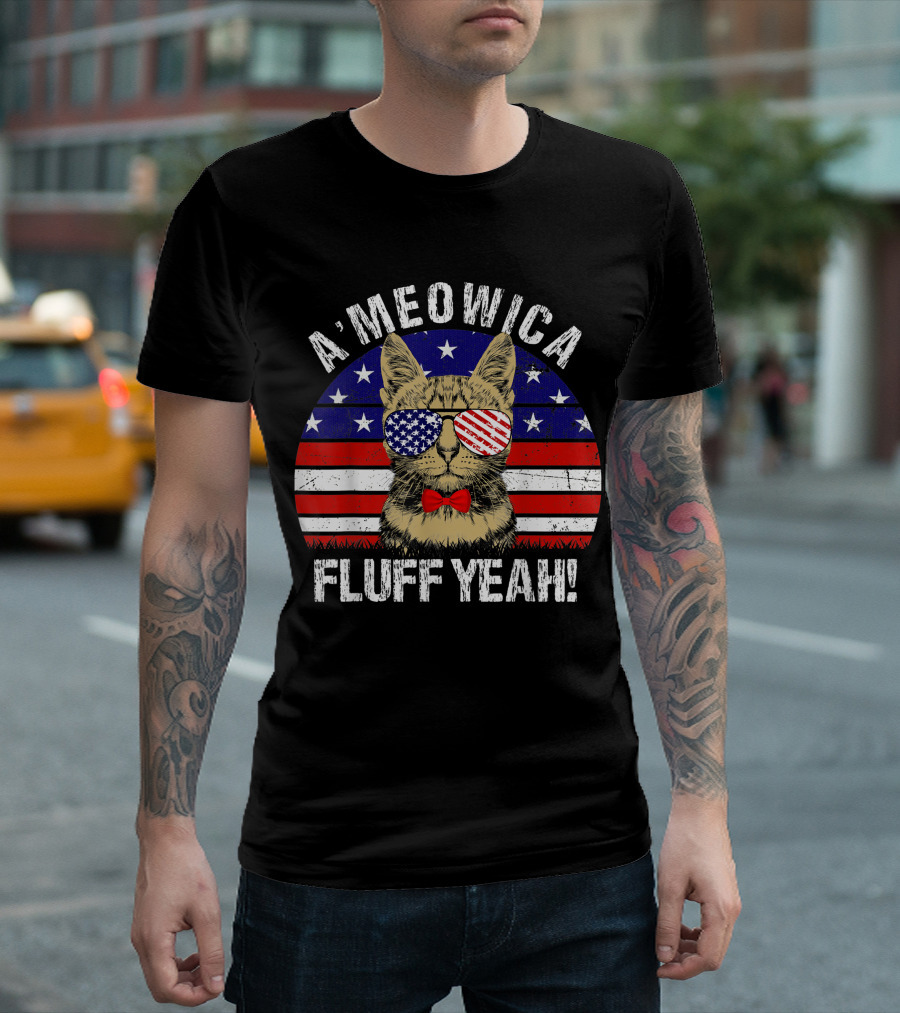 A'Meowica Fluff Yeah American Flag Cat Sunglasses Bowtie 4th of July T-Shirt