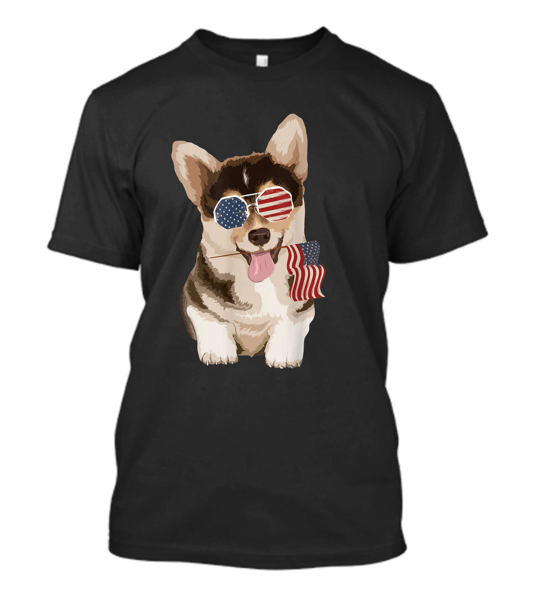 Pembroke Welsh Corgi Wearing American Flag Sunglasses Holding Flag T-Shirt