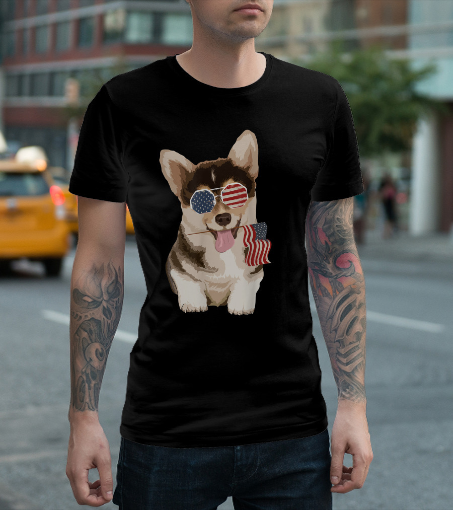 Pembroke Welsh Corgi Wearing American Flag Sunglasses Holding Flag T-Shirt