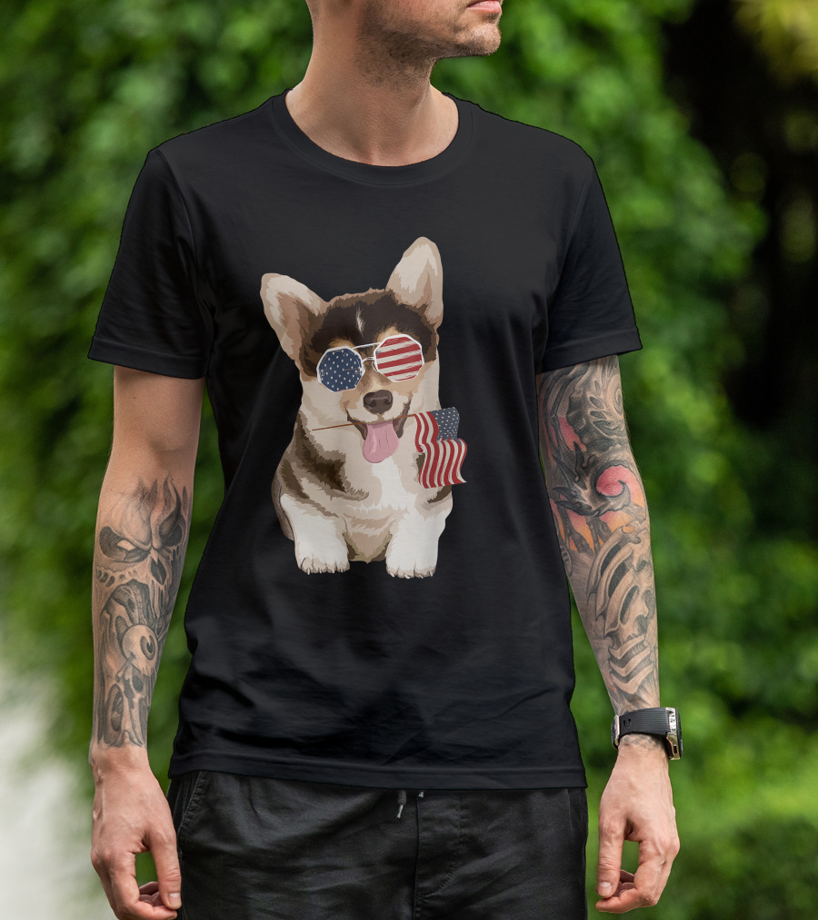 Pembroke Welsh Corgi Wearing American Flag Sunglasses Holding Flag T-Shirt