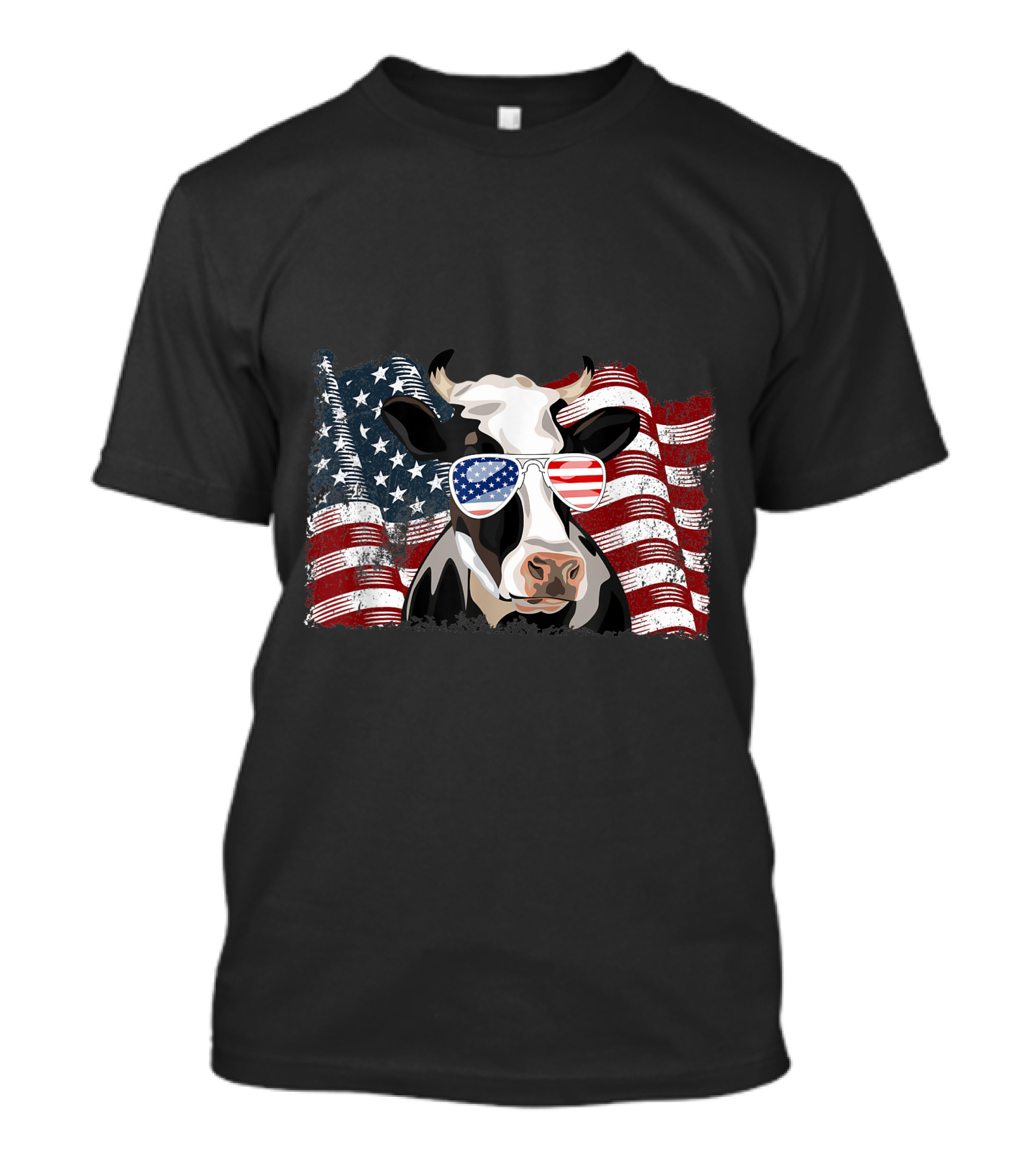 Dairy Cow Wearing American Flag Sunglasses With Waving US Flag Background For 4th Of July T-Shirt
