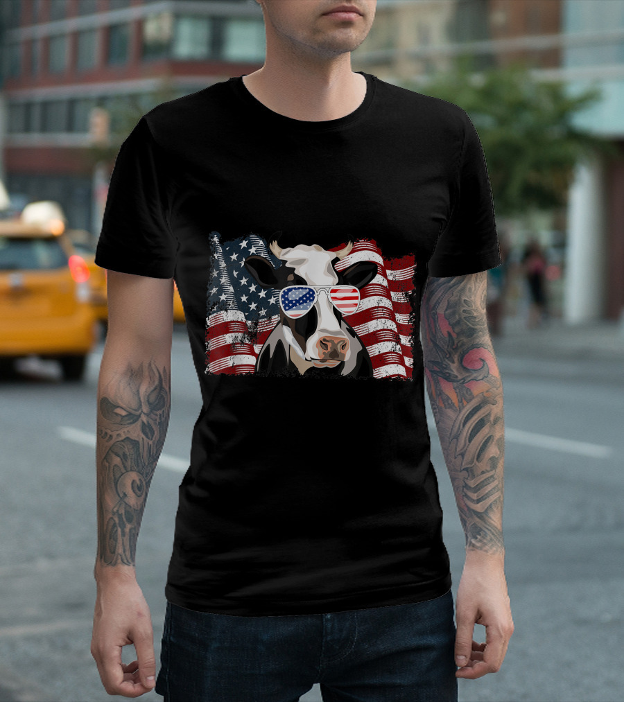 Dairy Cow Wearing American Flag Sunglasses With Waving US Flag Background For 4th Of July T-Shirt